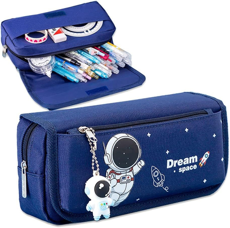 Pencil Case for Boys, Cartoon Pencil Pouch 4 Layers Large-Capacity Pen Case for Student Blue Pencil box with Astronaut Pendant