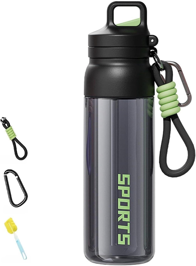 700ml Sports Water Bottle with Straw, BPA-Free Tritan Reusable Water Bottle, Leakproof Gym Bottle with One-Click Flip Lid, Carry Strap and Carabiner for School, Travel and Outdoor Use (Pink) - Black