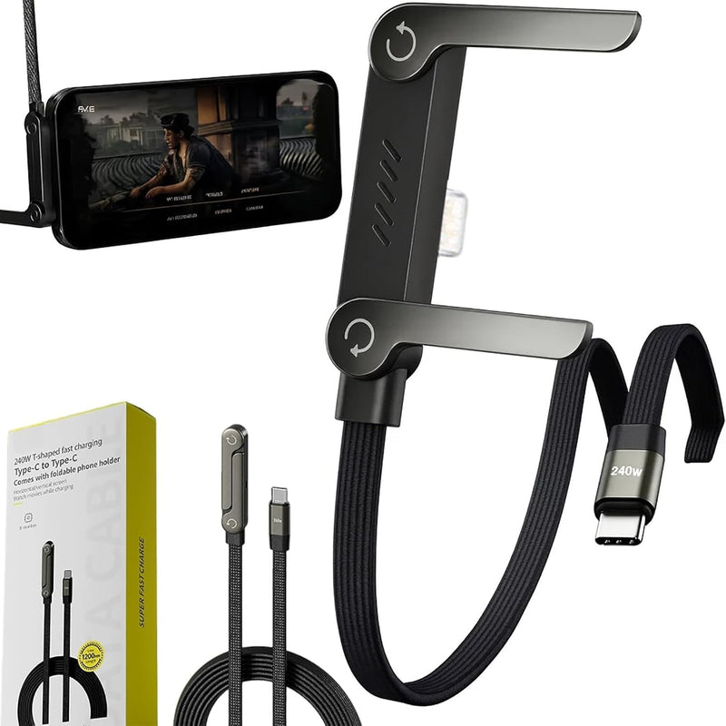 Sideways Phone Charger, 240W Fast Charging Cable with Rotatable Phone Holder Stand, 360-Degree Rotation, 1.5 Meter Sideway Gaming Charger (Type C to Type C) - USB Type C