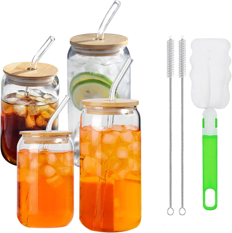 TAPIT Drinking Glasses with Bamboo Lids and Glass Straw, 13.5oz/17oz Beer Can Shaped Glass Cups, Tumbler Cup Ideal For Beer, Tea, Soda, Iced Coffee Include 2 Cleaning Brushes (2pcs,400ml*2)