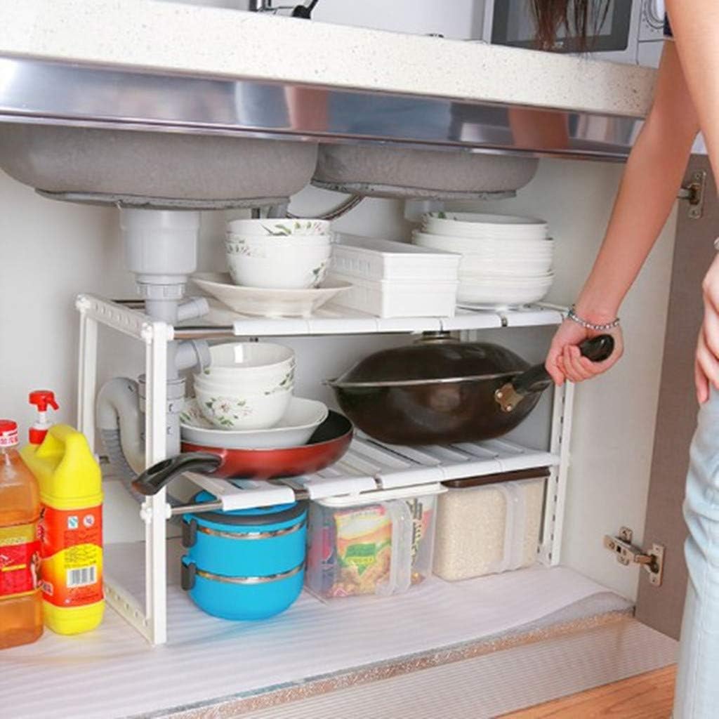 YumLock Kitchen Sink Dish Rack, Adjustable 2 Tier Under Shelf Storage Organize Rack Holder, White – image 6