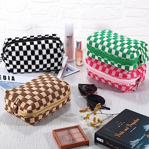 ZLFSRQ 3Pcs Checkered Makeup Bag for Women Large Cosmetic Bag Set Travel Toiletry Bag Makeup Pouch Bag for Purse Pink Zipper Storage Bag Organizer Cute Small Aesthetic Girls Car Essentials Bag