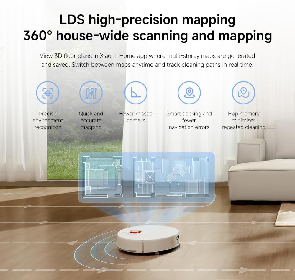 Xiaomi Robot Vacuum H40, 10000Pa powerful suction, LDS Navigation, Smart Mapping, Anti-tangle brush, Auto Dust Emptying, 180min Runtime, Works with Xiaomi Home App, Voice Control