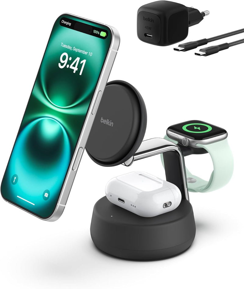 Belkin UltraCharge Pro Wireless Charging Station 25W, 3-in-1 Qi2.2 Certified MagSafe Compatible Charger for iPhone 17, Air, Apple Watch, AirPods, Pixelsnap, with Cooling Fan, 45W Adapter - Black - Charcoal