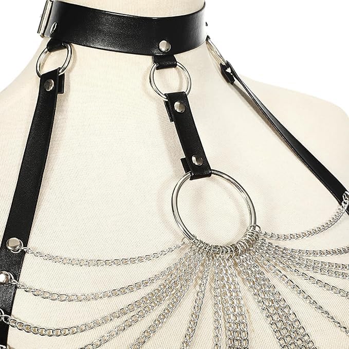 Women's Punk Choker Layered Chest Chain Leather Belt Chain Body Harness Bra Party Jewelry Accessories
