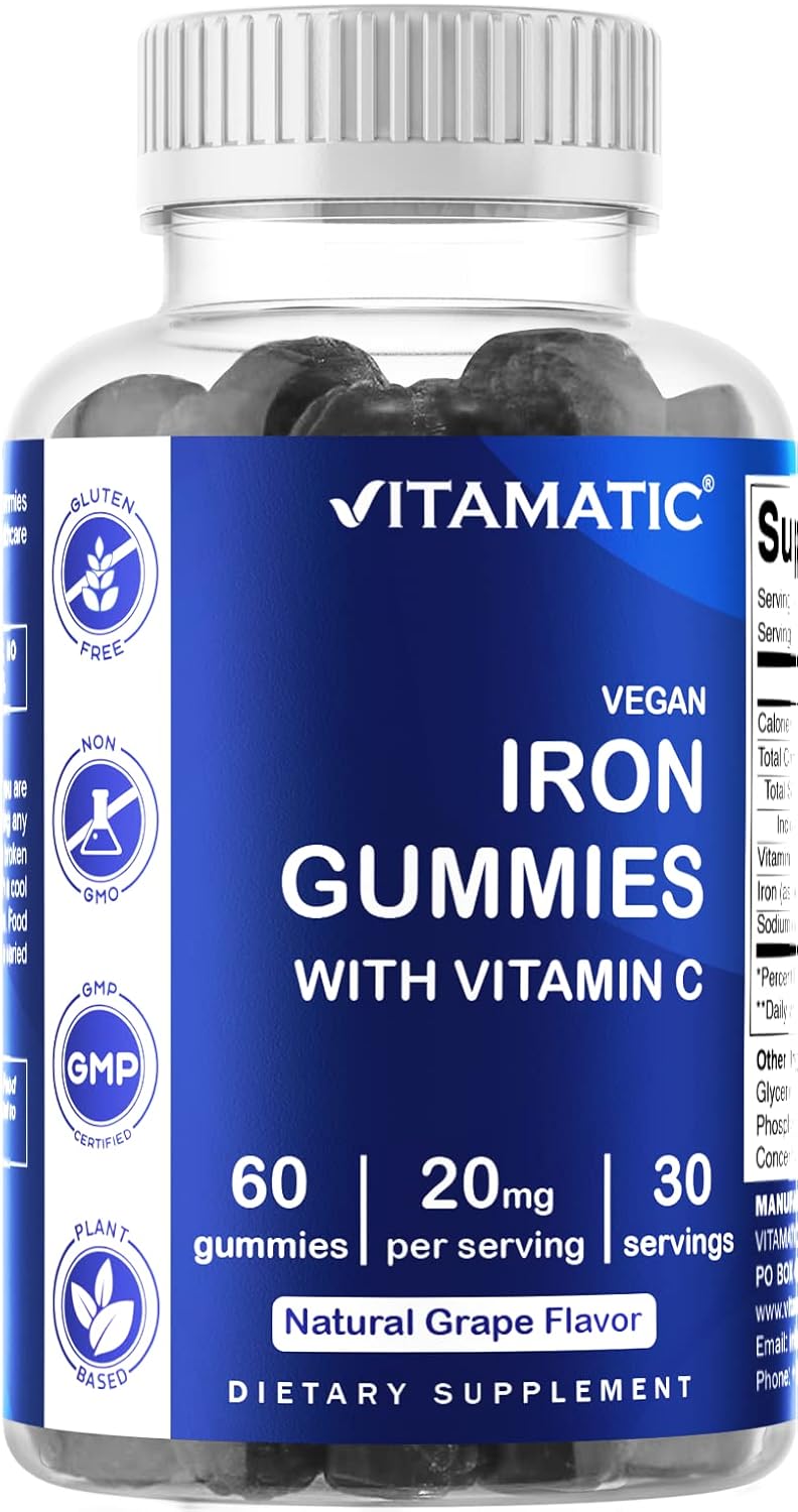 Vitamatic Iron Gummies Supplement for Women & Men - 20mg Serving - 60 Vegan Gummies - Great Tasting Iron Gummy Vitamins with Vitamin C (60 Count (Pack of 1))
