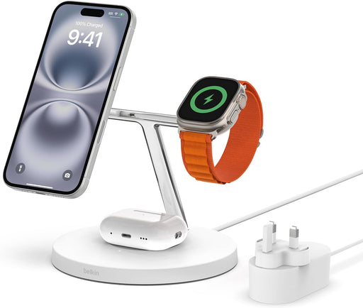 Belkin MagSafe 3 in 1 Wireless Charging Station, 15W iPhone and Apple Watch Fast Wireless Charger, AirPods Charging Station for iPhone 16, 15, 14, 13, 12 Series, Apple Watch 10/9/8, SE, Ultra - Black - Magsafe Compatible White