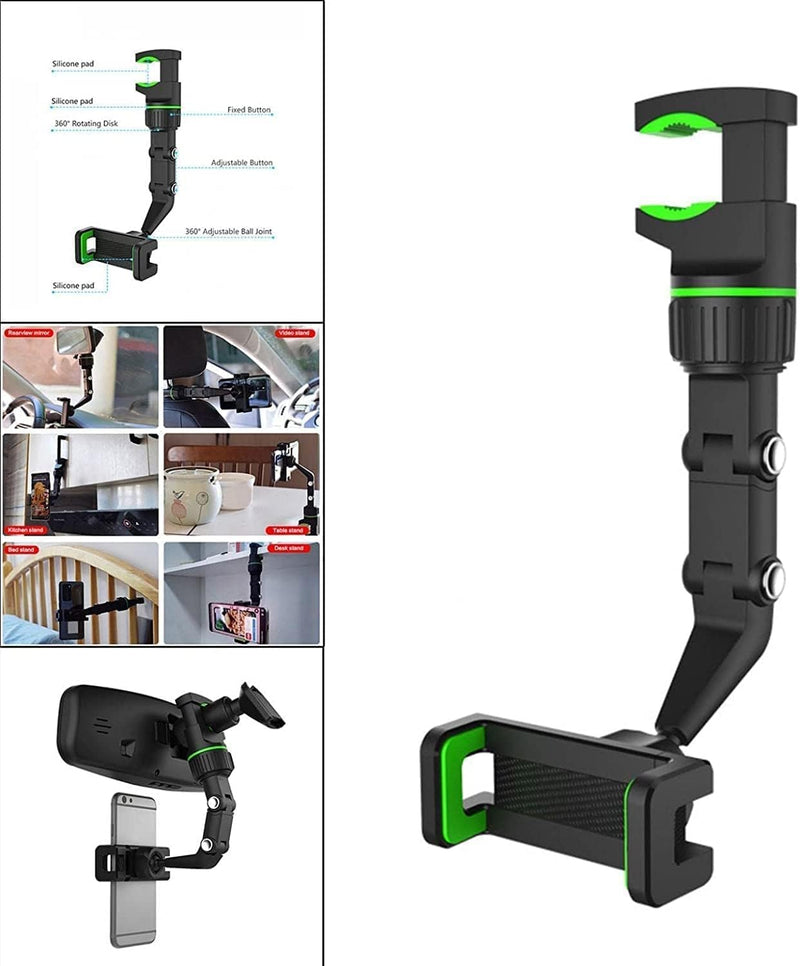 360 Rearview Mirror Phone Holder - Universal Car Phone and GPS Mount, 360 Rotating Car Rearview Mirror Mount, Adjustable, Easy Installation, Compatible with All Smartphones