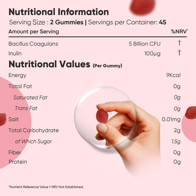 Probiotic Gummies with Prebiotics - Bacillus Coagulans 5 Billion CFU + Inulin (Prebiotic) - Supports Gut Health - for Women & Men - Strawberry & Vanilla - 5 Billion CFU - 90 Gummies