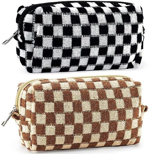 ZLFSRQ 3Pcs Checkered Makeup Bag for Women Large Cosmetic Bag Set Travel Toiletry Bag Makeup Pouch Bag for Purse Pink Zipper Storage Bag Organizer Cute Small Aesthetic Girls Car Essentials Bag