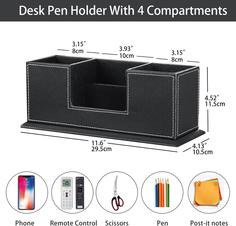 PUSU Desk Pencil Holder, Black PU Leather Executive Desk Organizer, 4 Slots Office Organizer Pencil Cup, Phone/Business Card Holder Stand