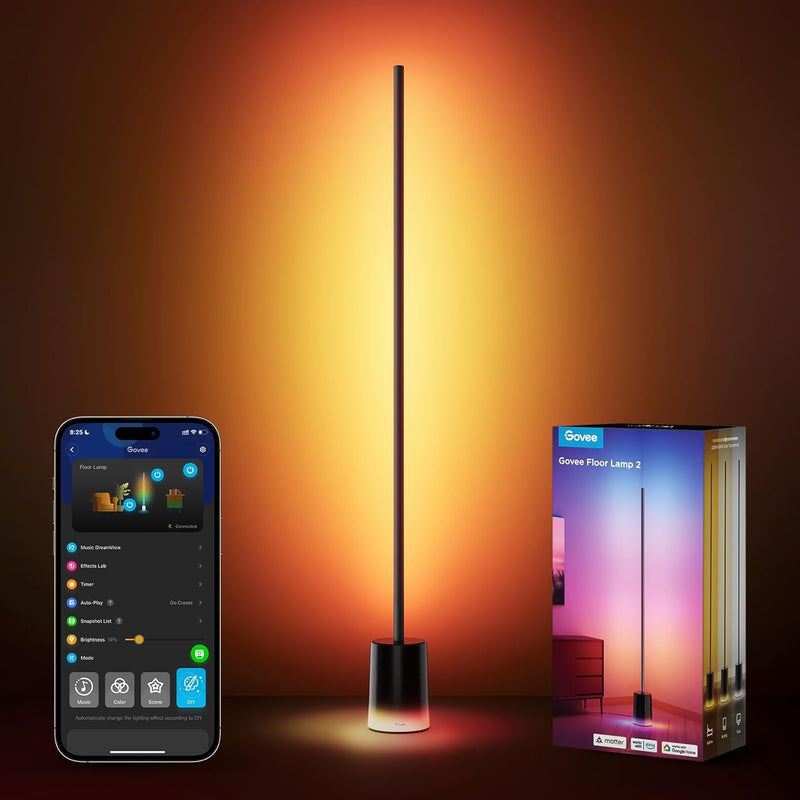 Floor Lamp 2, RGBIC Smart Floor Lamp for Living Room, Bedroom 1725lm, Warm Cool White LED, 2200K-6500K, Compatible with SmartThings, Matter, Alexa, Music Sync, Scene Modes, Black(1 Pack)
