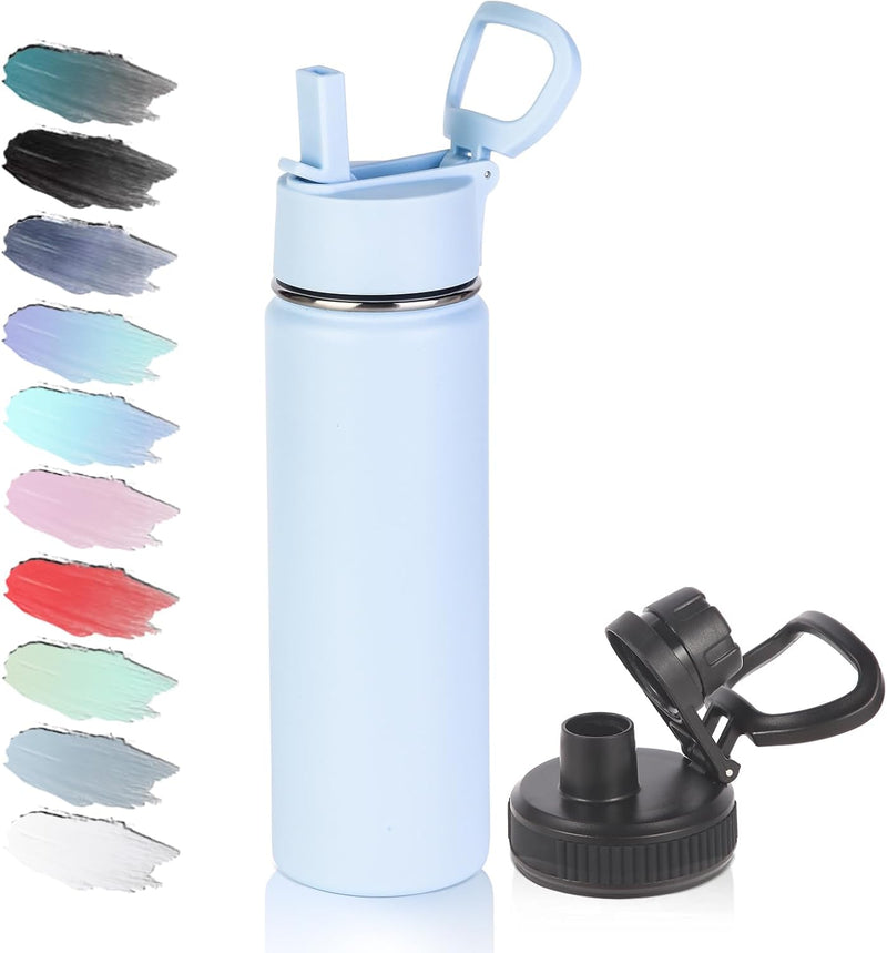 20oz Insulated Stainless Steel Water Bottle with Straw Lid, Kids Wide Mouth Double Wall Vacuum Cups with Handle,Reusable Outdoor Sports Metal Bottles,Travel Flask Keep Cold&Hot(Purple,1) - 1 Blue