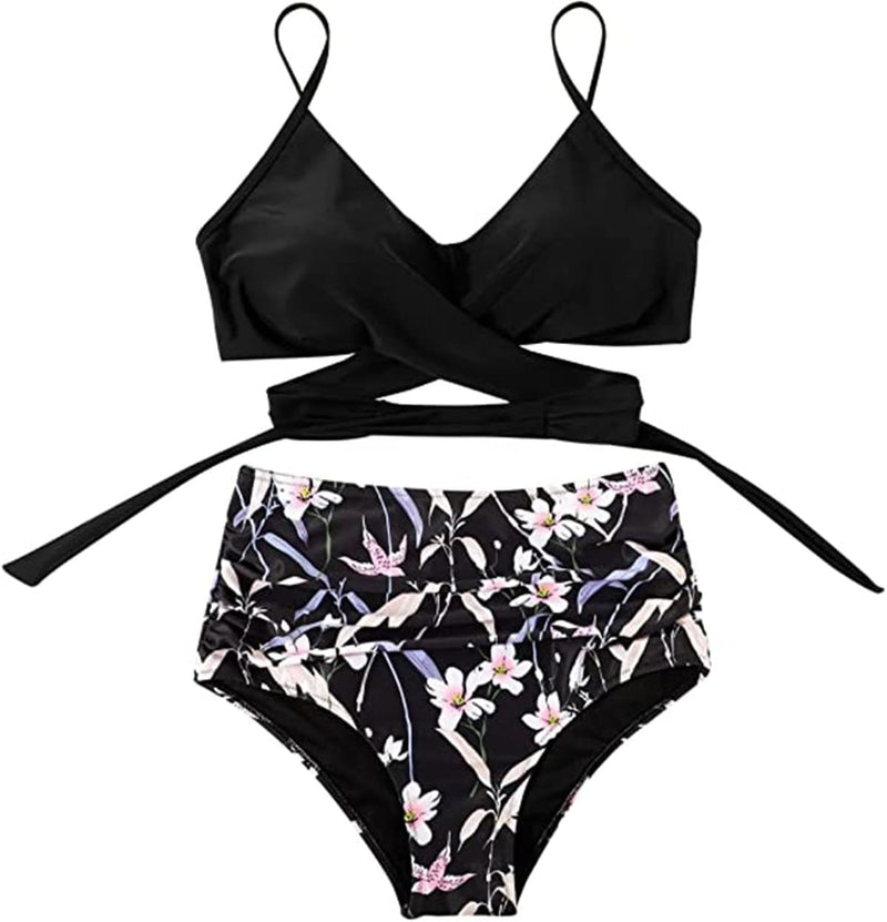 Women High Waisted Wrap Bikini Set Back Tie 2 Piece Swimsuits Low Neck Push Up Bathing Suits Solid Swimwear Print Criss cross Swimming suit Beachwear