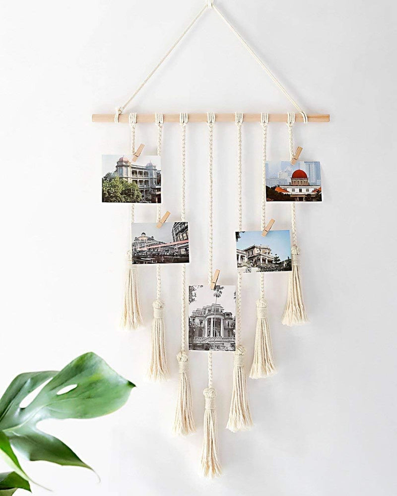 Hanging Photo Displays Macrame Wall Hanging Picture Organizer with 25 Wood Clips Boho Hone Decor for Home, Living Room, Bedroom, Best, Ivory White, 42.5" LÃ17" W