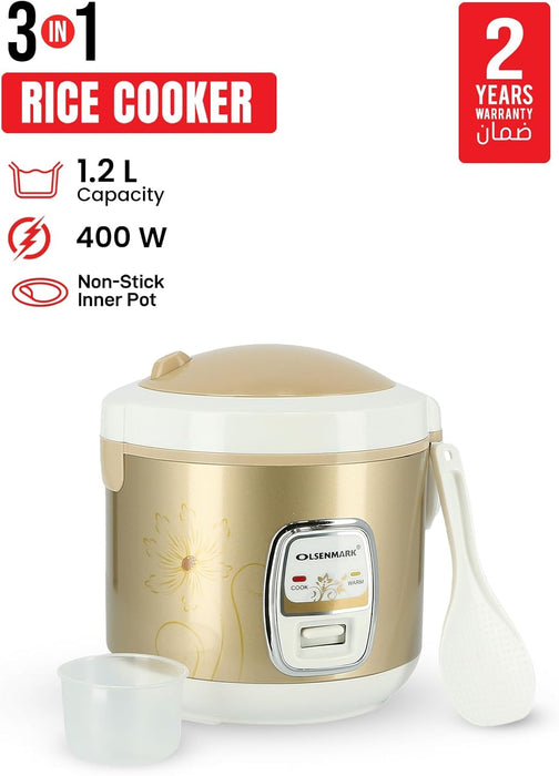 Olsenmark 3 In 1 Electric Rice Cooker, 1.2 Liter Capacity, White