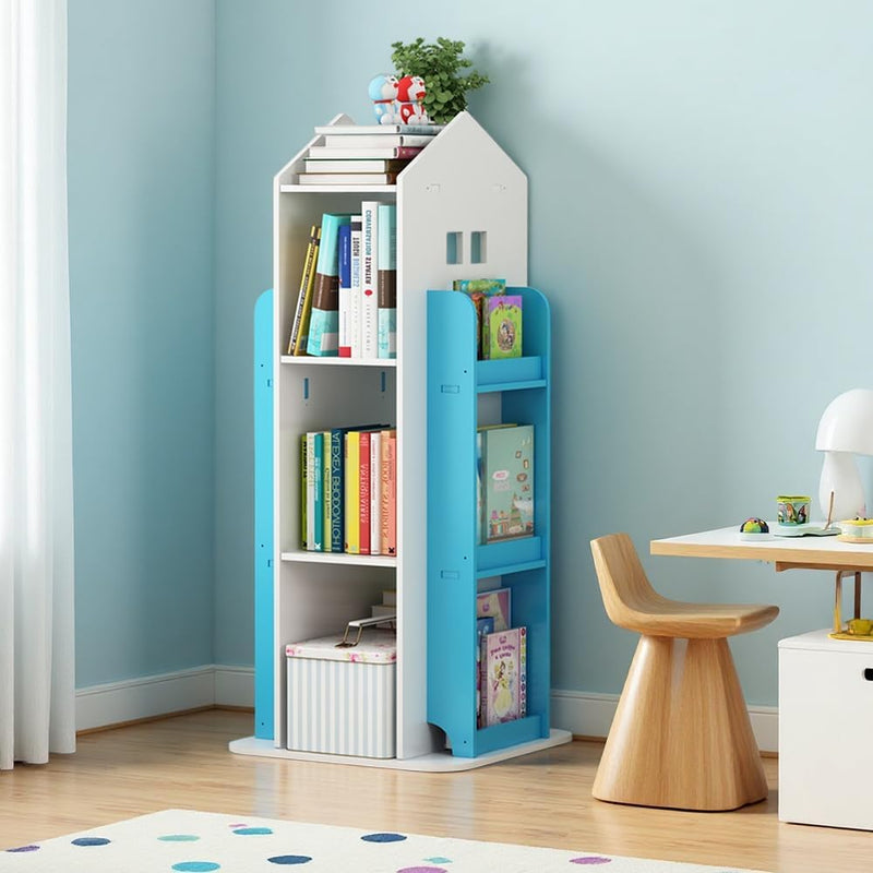 Kids Rotating Bookcase 360 Spin, 3-Tier Interactive Bookshelf for Children's Room, Playroom Corner, Floor Standing Organizer for Toys & Books, Living Room, Study (Blue) - Blue