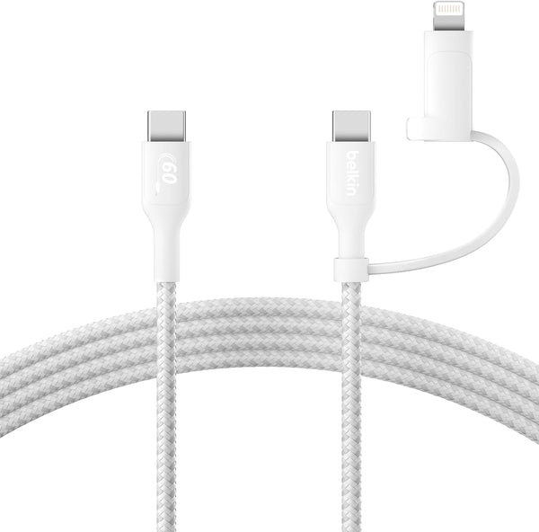 Belkin 2-in-1 Charging Cable with USB-C & Lightning Connector - Braided Fast-Charging Cable, USB-C to USB-C & Lightning Charger Cord, Multi-Charging Combo for Apple iPhone, iPad, Samsung, More - Black - White