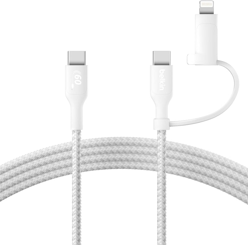 Belkin 2-in-1 Charging Cable with USB-C & Lightning Connector - Braided Fast-Charging Cable, USB-C to USB-C & Lightning Charger Cord, Multi-Charging Combo for Apple iPhone, iPad, Samsung, More - Black - White