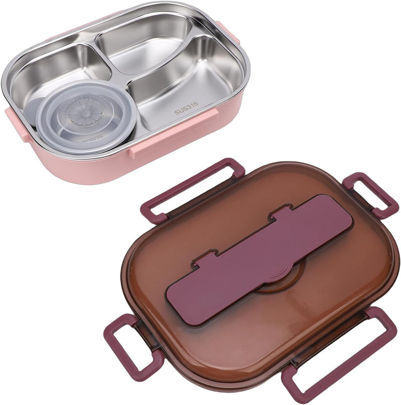 4 Compartment Bento Box, 316 Stainless Steel Leakproof Lunch Box, Meal Prep Container with Spoon Chopsticks Soup Bowl Phone Stand for Office School Travel Outdoor (Pink and Purple) - Pink and Purple