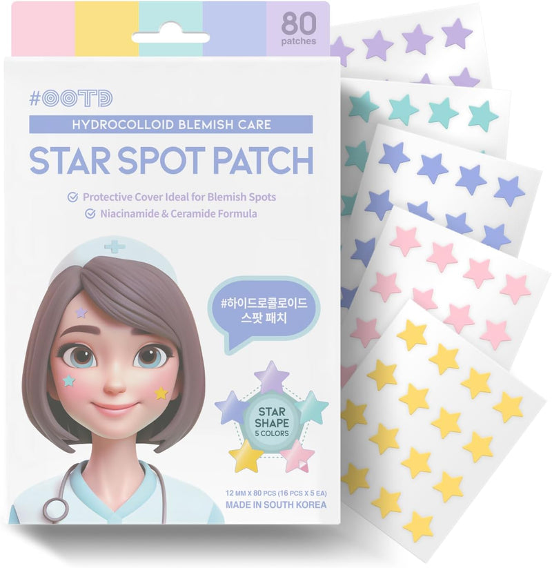 OOTD Star-shaped Hydrocolloid Acne/Pimple patch with 5 Pastel Color/Niacinamide & Ceramide Formula: Hydrocolloid Pimple Patches, Ideal for Blemish Spots (80 Count)