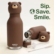 Kids Water Bottle 460ml Insulated Stainless Steel - AMICA STUDIO (Bruno Bear)
