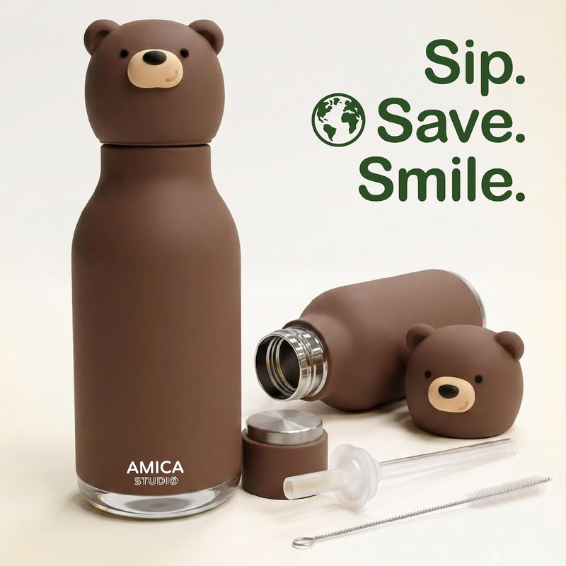 Kids Water Bottle 460ml Insulated Stainless Steel - AMICA STUDIO (Bruno Bear)