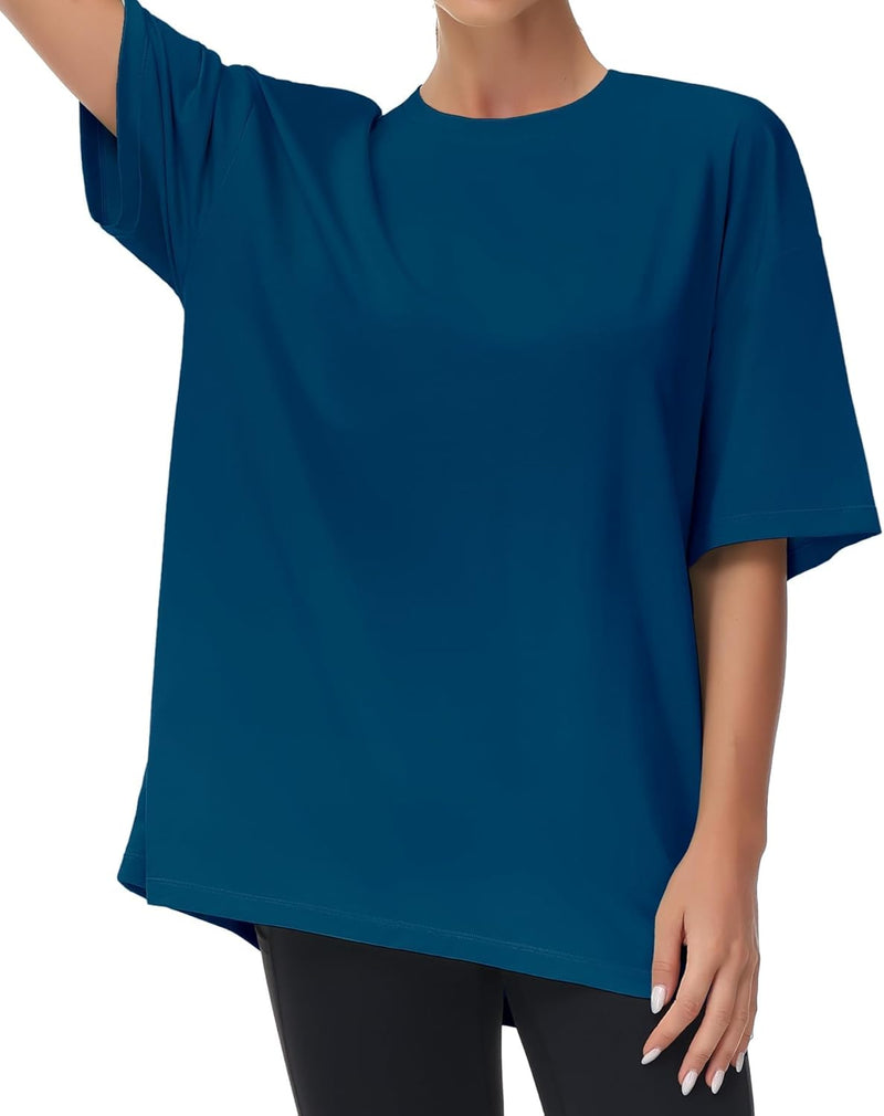 Women's Casual Oversized T-Shirts Summer Crewneck Short Sleeve Workout Basic Tee Tops - Dark Blue Green