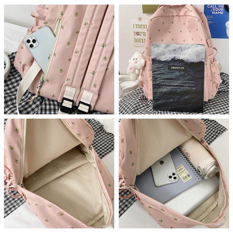 MININAI 2024 Kawaii Floral Print Backpack with Pendant Preppy Backpack Cottagecore Bag Coquette Aesthetic Backpack Daypack