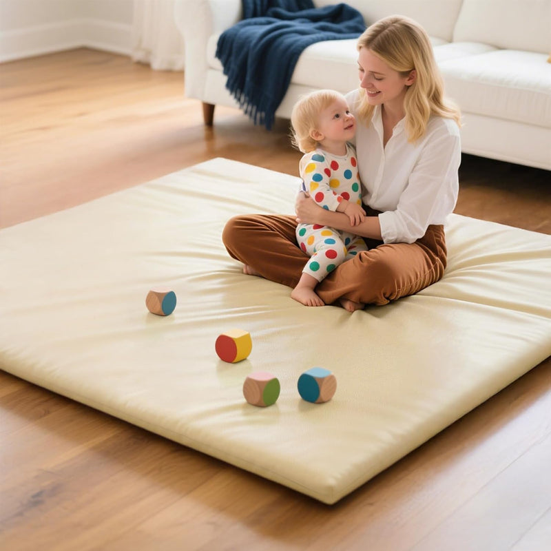 SBHJBY Baby Mat for Floor, Thick Soft Non-Toxic Vegan Leather Baby Play Mat, Waterproof Foam Play Mat, Padded Play Mat for Baby, 125 * 125cm Playpen Mat, Infant Playmat for Baby Girls and Boys, Beige