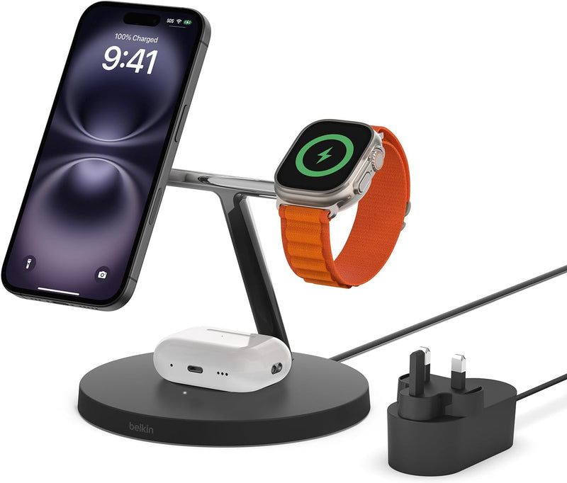 Belkin MagSafe 3 in 1 Wireless Charging Station, 15W iPhone and Apple Watch Fast Wireless Charger, AirPods Charging Station for iPhone 16, 15, 14, 13, 12 Series, Apple Watch 10/9/8, SE, Ultra - Black - Magsafe Compatible Black