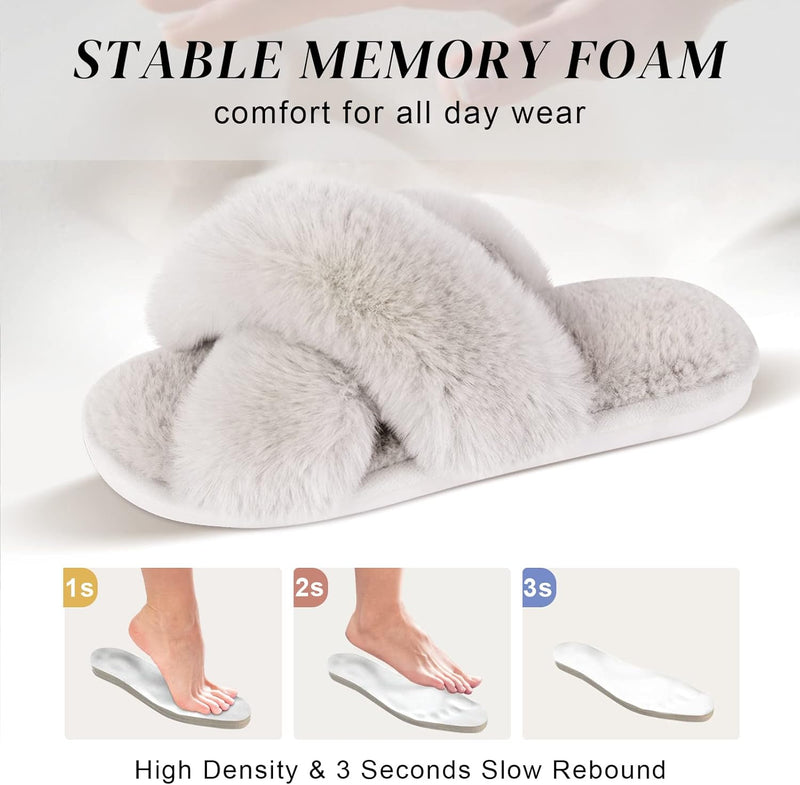 Women's Cross Band Slippers Soft Plush Furry Cozy Open Toe House Shoes Indoor Outdoor Faux Rabbit Fur Warm Comfy Slip On Breathable
