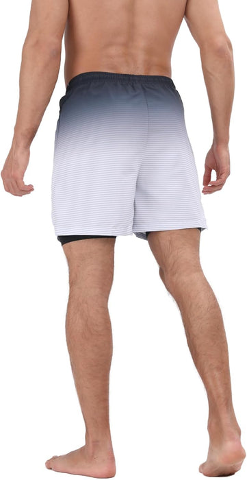 Mens Swim Trunks with Compression Liner 2 in 1 Quick Dry Beach Swimming Trunks Swim Shorts with Zipper Pockets