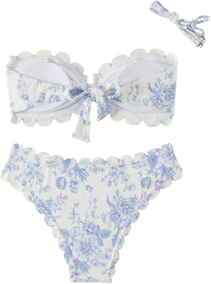 GORGLITTER Women's Floral Bandeau Bikini Sets Strapless Tie Back Scalloped 2 Piece Boho Swimsuit