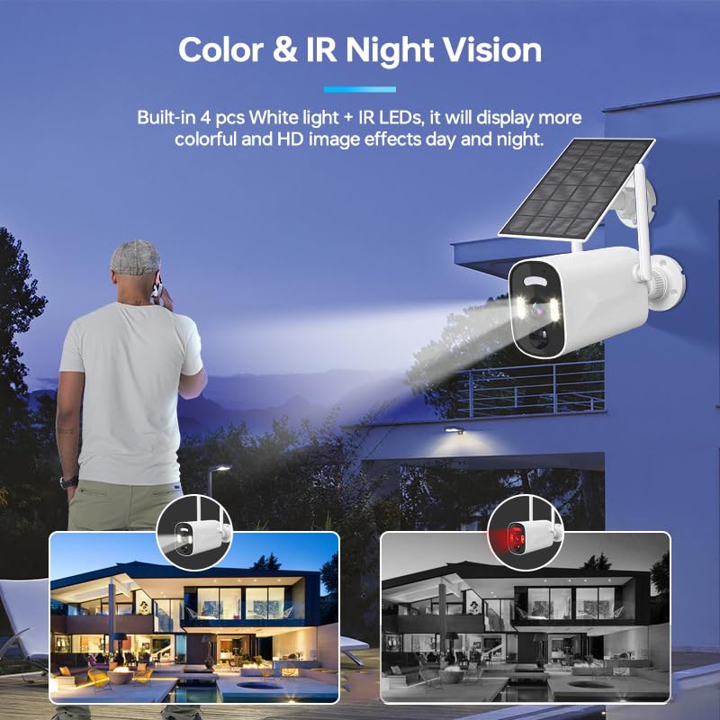 Skade 4MP Solar Security Camera Wireless Outdoor, Rechargeable Battery Powered Camera, 2.4Ghz WiFi Camera for Home Security, Motion Detection, 2-Way Talk, Color Night Vision, Cloud/SD, IP65 Waterproof