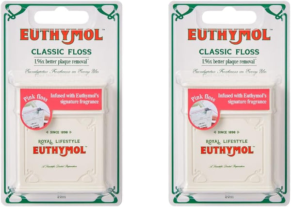 Euthymol Pink Dental Floss 50m x 2, Vegan Wax Coating, Mint Flavor, Wide Dental Floss for Braces, Bridges & Implants, Whitening & Stain Prevention, Efficient Plaque Remover, Easy to use - 1 count (Pack of 2)