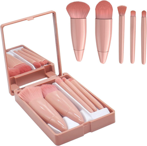 AMERTEER Travel Makeup Brushes Set, 5Pcs Mini Professional Cosmetic Brush Kit with Mirror, Soft Bristles, Portable Cosmetic Brushes for Foundation, Blush, Eyeshadow, Face Ideal Gift for Women