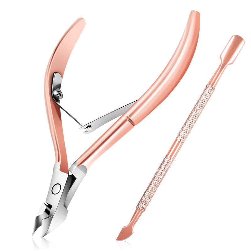 KASTWAVE Cuticle Trimmer with Cuticle Pusher, Cuticle Remover Professional Stainless Steel Cuticle Cutter Nippers Rainbow Sharp Durable Pedicure Manicure Tools for Fingernails and Toenails (Rose Gold)
