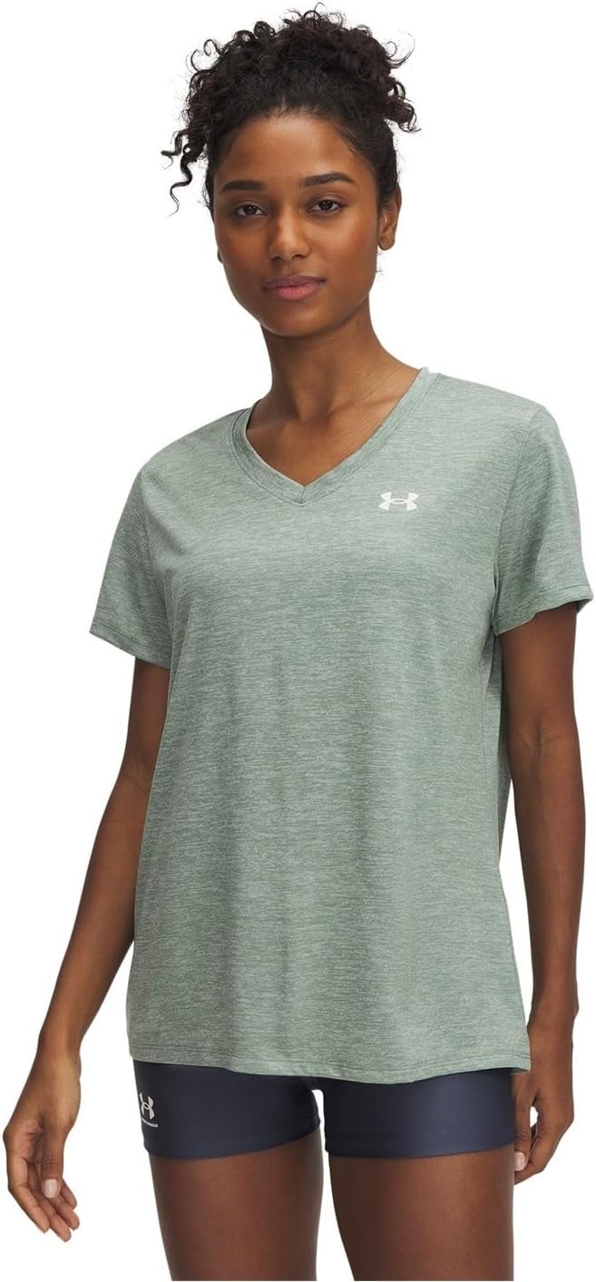 Womens Women's UA Tech Twist V-Neck Short Sleeve Tech SSV- Twist (pack of 1) - Silica Green / / White