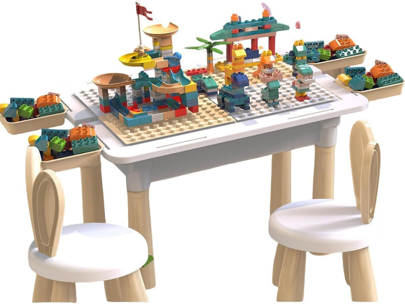 Kids Activity Table Set With 2 Chairs 4 Storage Boxes, Multi-Functional Educational Block Table With Storage - White