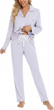 Button Up Pajama Set For Women Long Sleeve Shirt And Pajama Pants Soft Pjs Lounge Sets - Light Purple