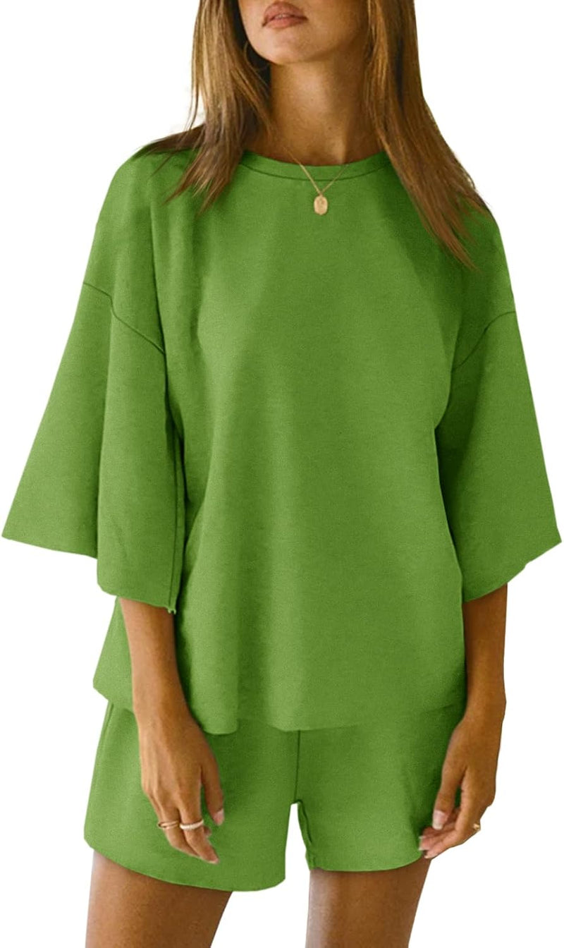 Womens Pajama Sets 3/4 Sleeve Oversized Tops and Elastic Waist Shorts Lounge Sets Loungewear - Green