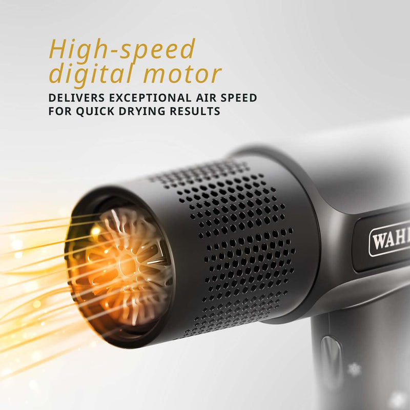 Wahl Vanquish Hair Dryer, Lightweight, LED Display, Quiet, Professional 3 Attachments, Powerful, Cool Drying, 3 Speed-Settings, Auto-Clean, Even Drying, Quick Dry