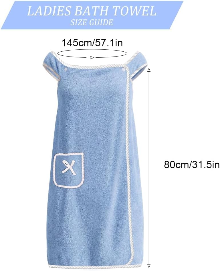 Women's Wearable Bath Towel Dress, Light Blue Coral Fleece Body Wrap Robe with Pocket Design, Quick Dry Soft Shower Wrap Skirt for Spa, Sauna, Beach, Hotel, Towelling Cover-Up for Ladies