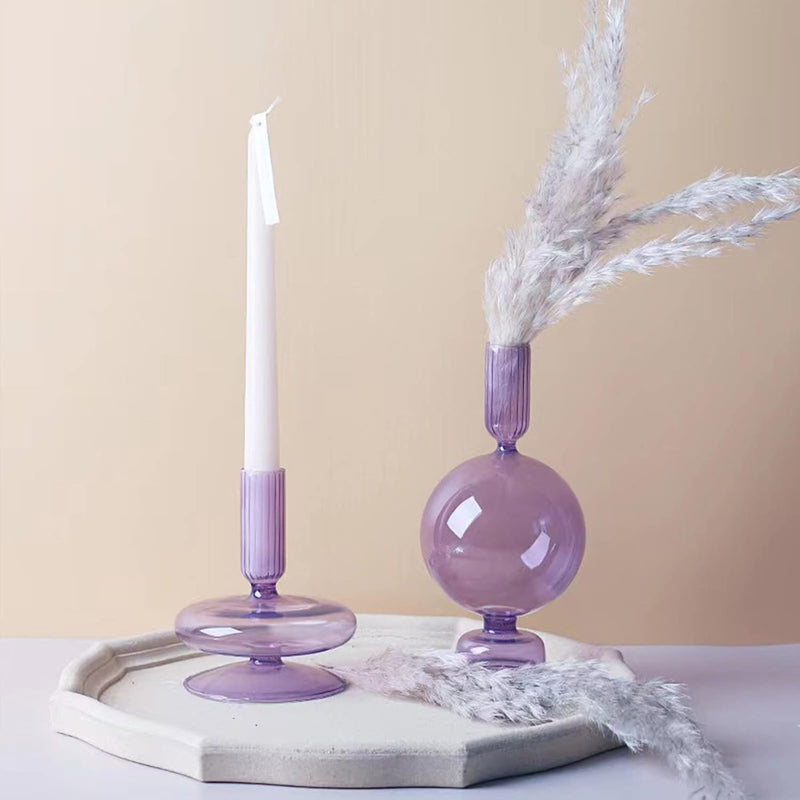 LKPOMI Glass Candlestick Holders - Colorful Glass Taper Candle Stand - Modern Elegant Candle Sticks - Pink