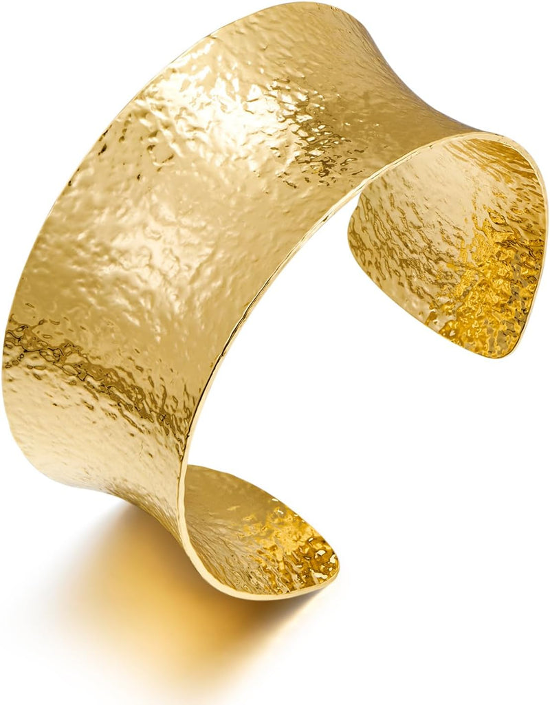 Hammered Chunky Cuff Bracelets for Women Vintage Boho Wide Bangle Bracelets Irregular Statement Bracelet Thick Gold Silver Bracelet - Gold Cuff with Concave Edge