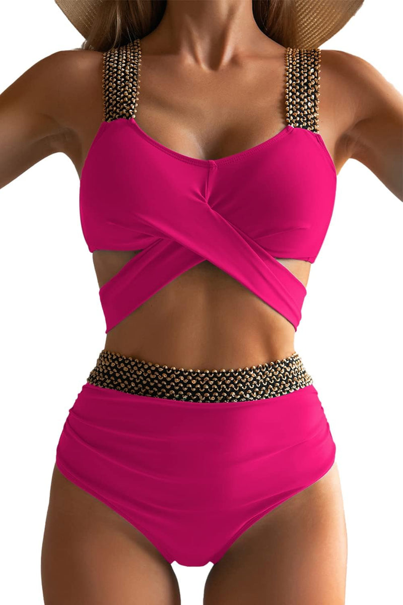 Eomenie Women Two Piece Cross Wrap Bathing Suit Tie Back, Tummy Control Swimsuit 2 Piece High Waist Curvy Bikini Swimwear