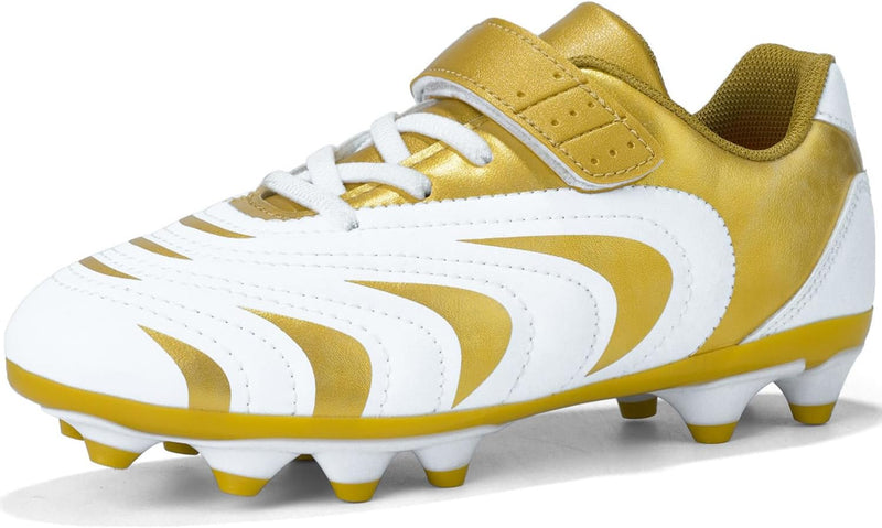 Boys Soccer Shoes Kids Girls Firm Ground Cleats Astro Turf Trainers Football Boots Outdoor Spikes Athletic Sport Teenager Professional Football Shoes - White/Gold