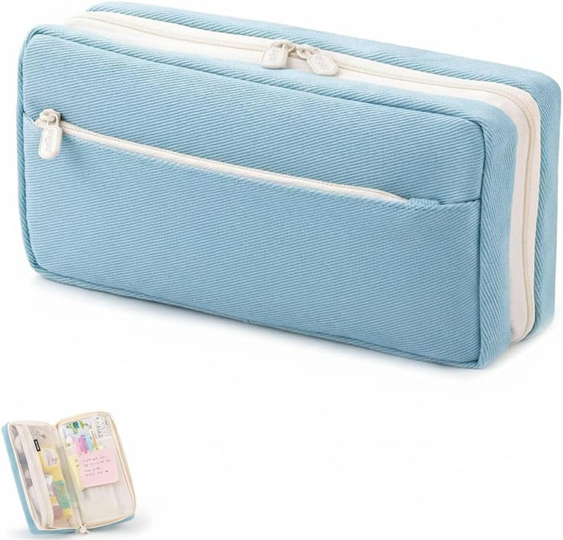 Large Capacity Pencil Case, Kawaii Cute Aesthetic Pencil Pouch Handheld Pen Bag, Canvas Cosmetic Portable Gift for Office School Teen Girl Boy Men Women Adult (Green) - Blue1 Blue1
