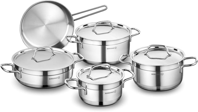 Korkmaz Alfa 9 Pieces Tri-Ply Bottom Stainless Steel Cookware Set Sandwich Bottom Induction Compatible Cookware Pots and Pans Set Silver - KA1660 - SILVER